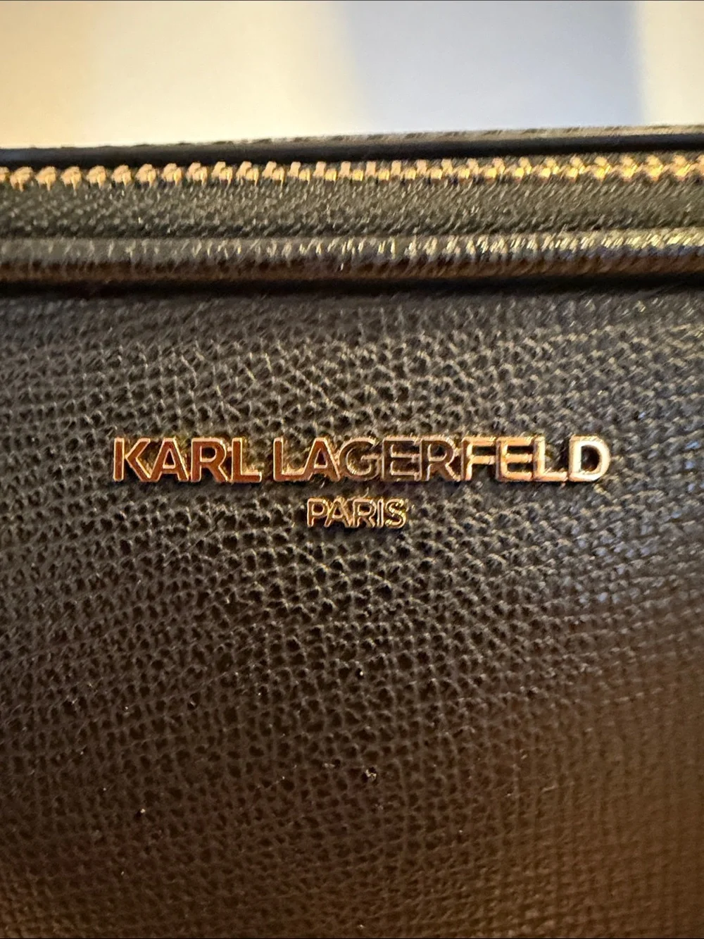Karl Lagerfeld Black Crossbody Camera Bag with Gold & Pink Charm Accents